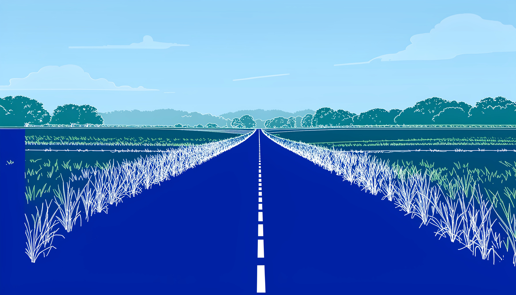 A sunlit country road stretching into the distance, lined with green fields and a soft blue sky, evoking a peaceful cycling route.