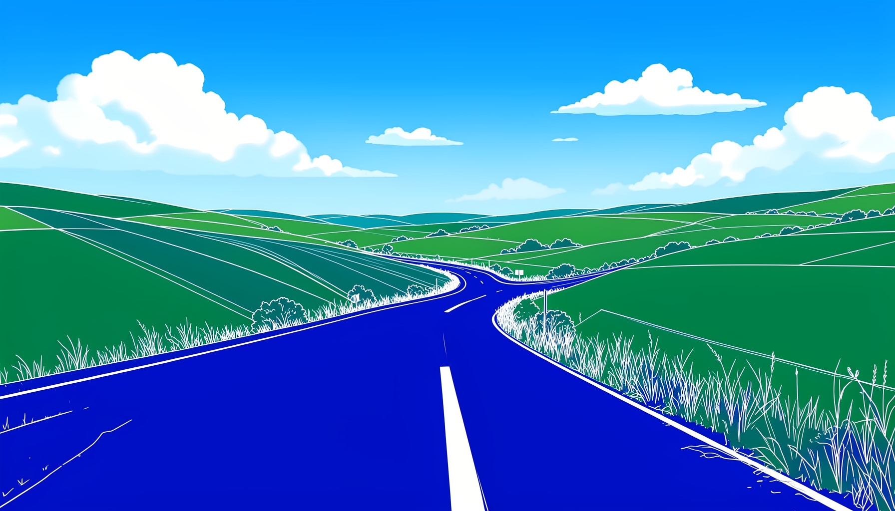 A wide scenic view of a winding country road under a bright blue sky with soft white clouds, bordered by green rolling hills and farmland, evoking the open-road spirit of a charity cycling event.