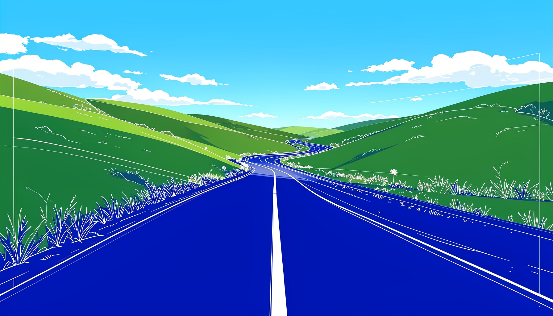 A winding country road stretching through rolling green hills under a bright blue sky with scattered white clouds, early morning sunlight casting long shadows across the pavement