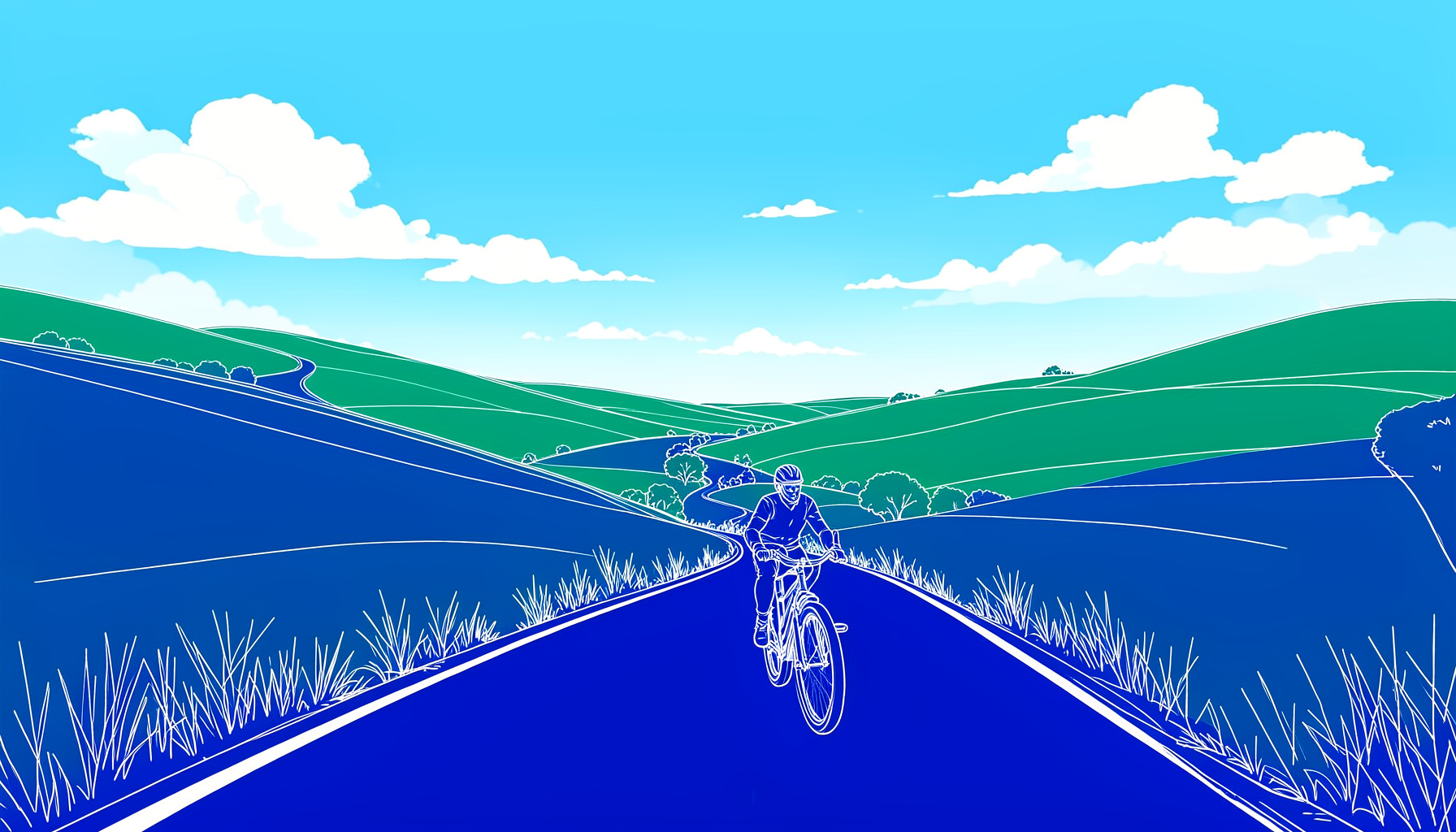 A winding road through rolling green countryside under a bright blue sky with soft white clouds, evoking freedom and purpose on two wheels.