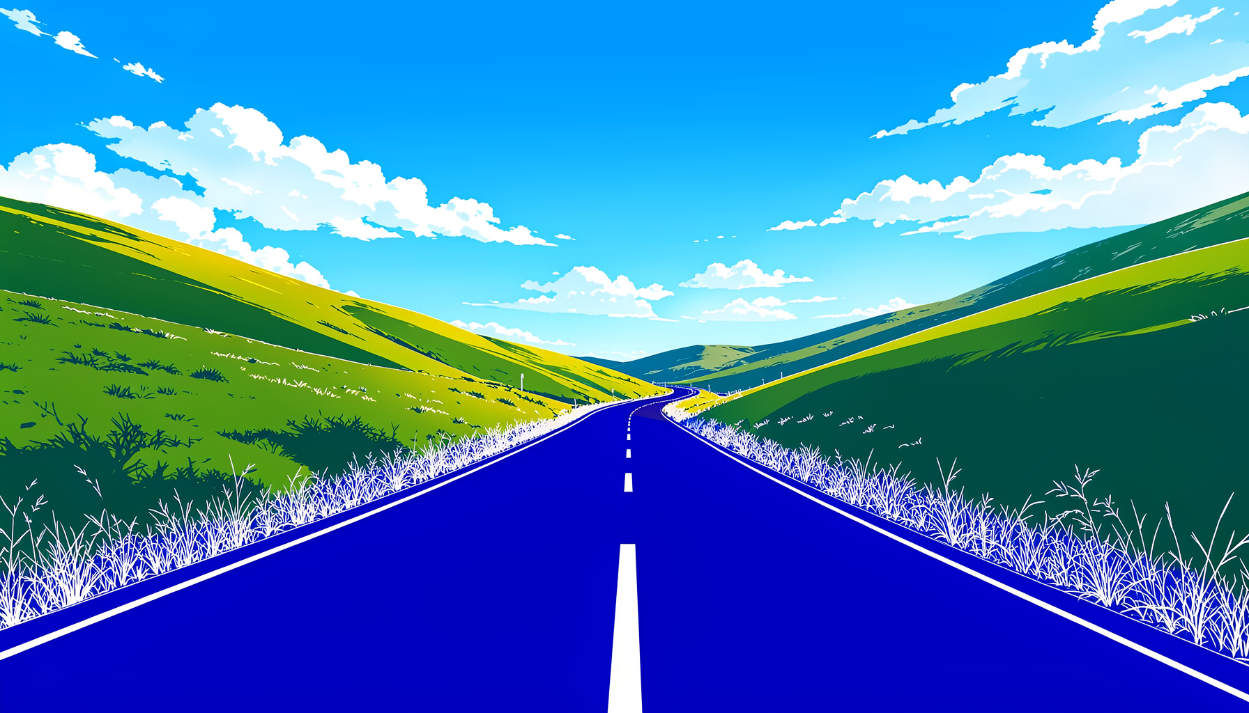 A wide panoramic view of a winding country road under a bright blue sky with scattered white clouds, green rolling hills on both sides, warm golden sunlight casting long shadows across the pavement.