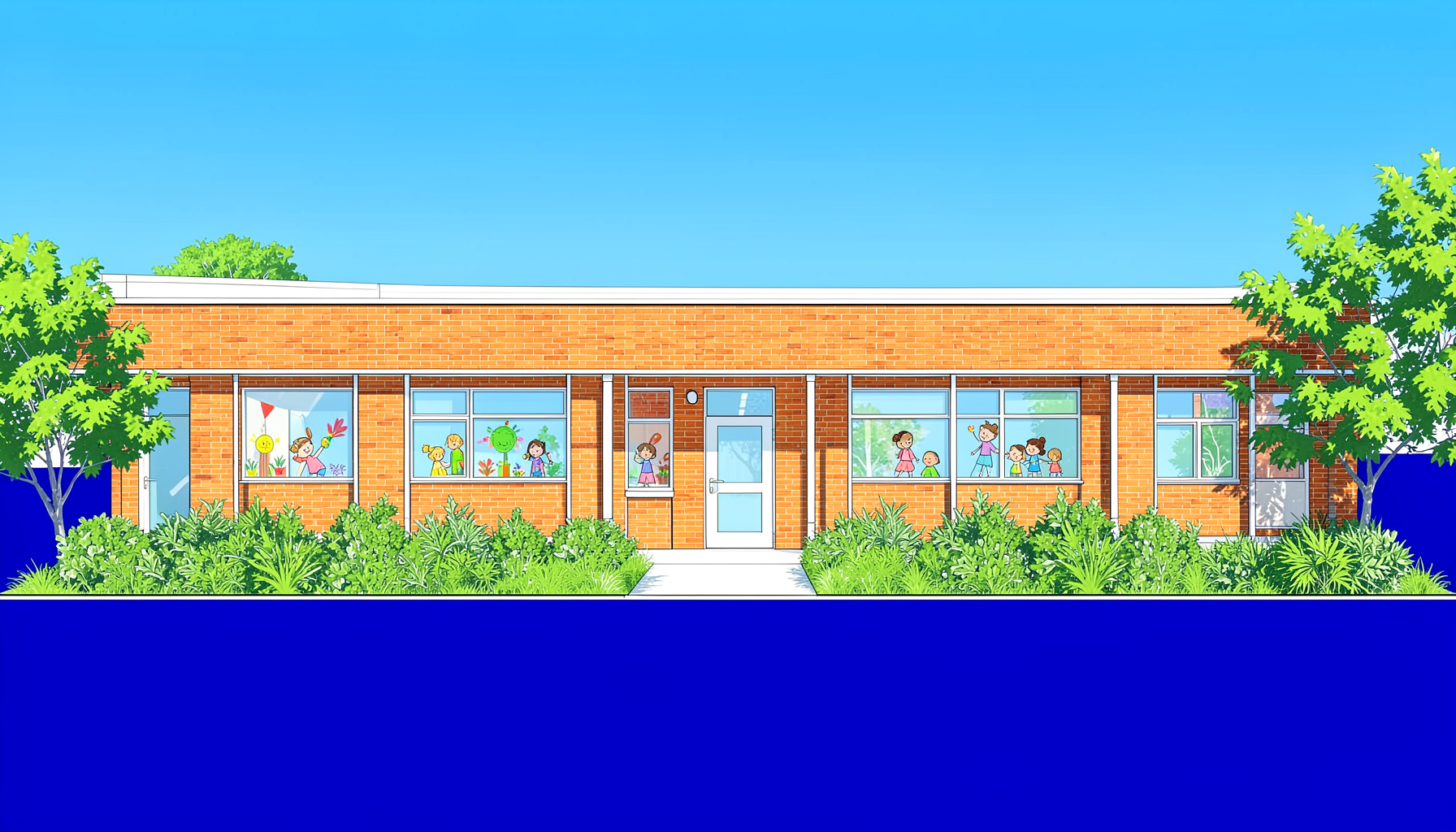 A sunlit community center exterior with children's artwork visible in the windows, warm brick tones and green landscaping under a clear blue sky