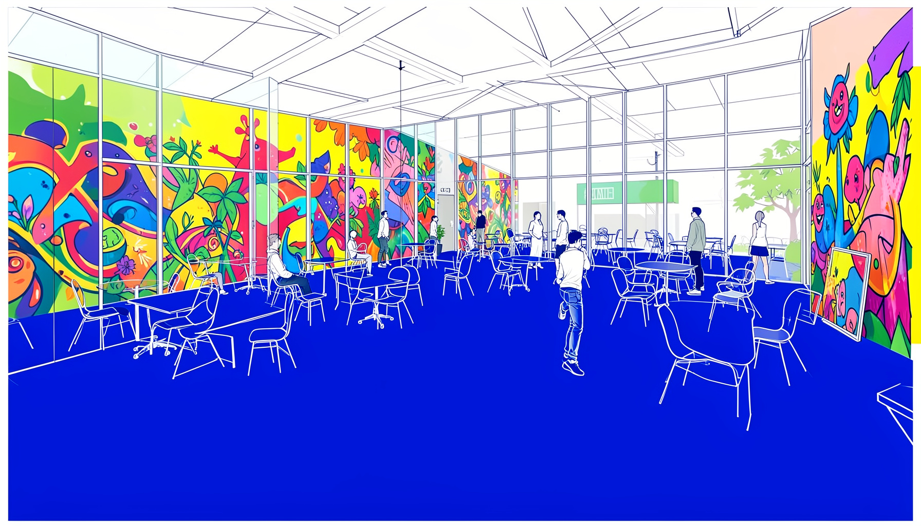 A bright indoor community space with colorful murals on the walls, natural light streaming through large windows, and open areas for group activities