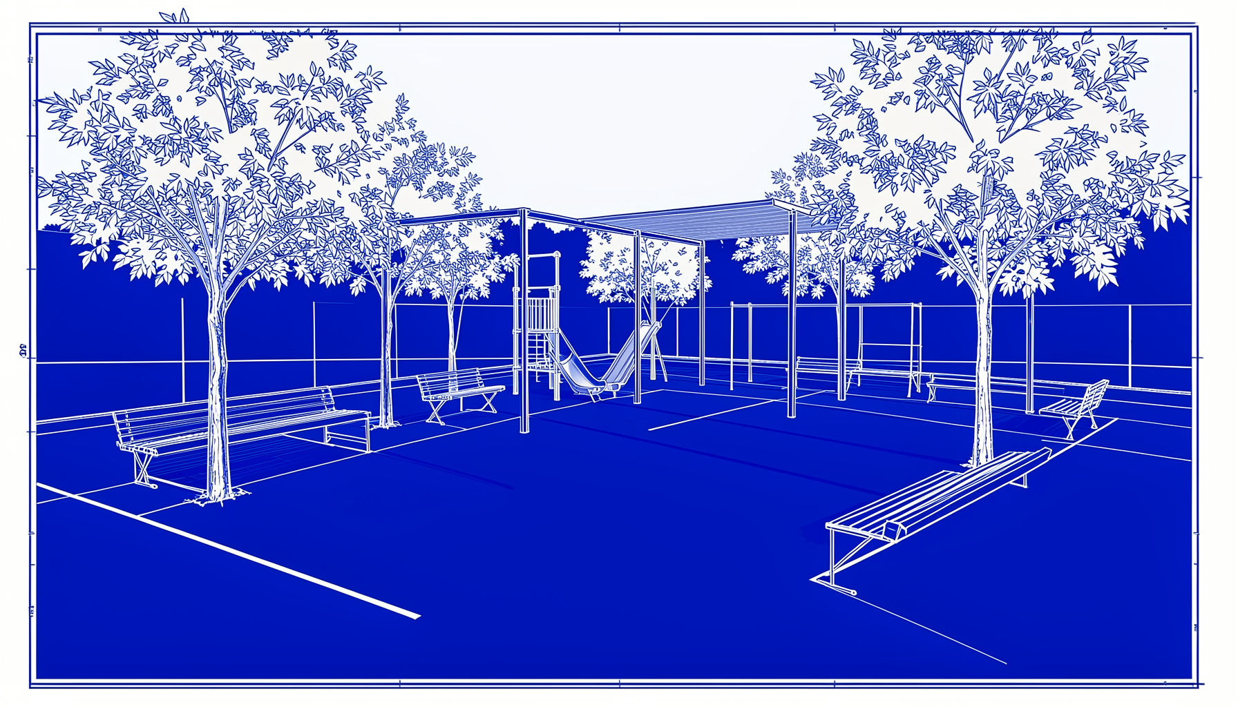 An outdoor playground area with benches and shade trees, warm afternoon light casting long shadows across the pavement