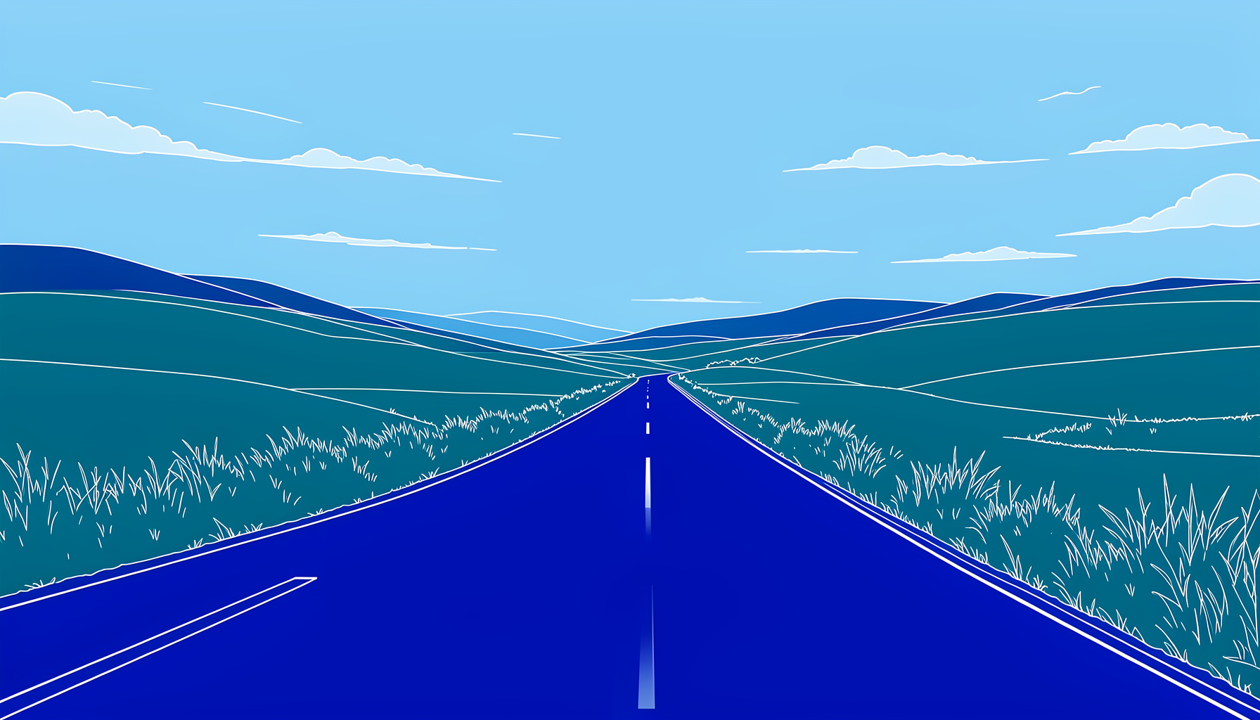 A wide scenic view of a quiet paved road winding through rolling green countryside under a soft blue sky with scattered clouds, conveying calm and open-road cycling atmosphere.