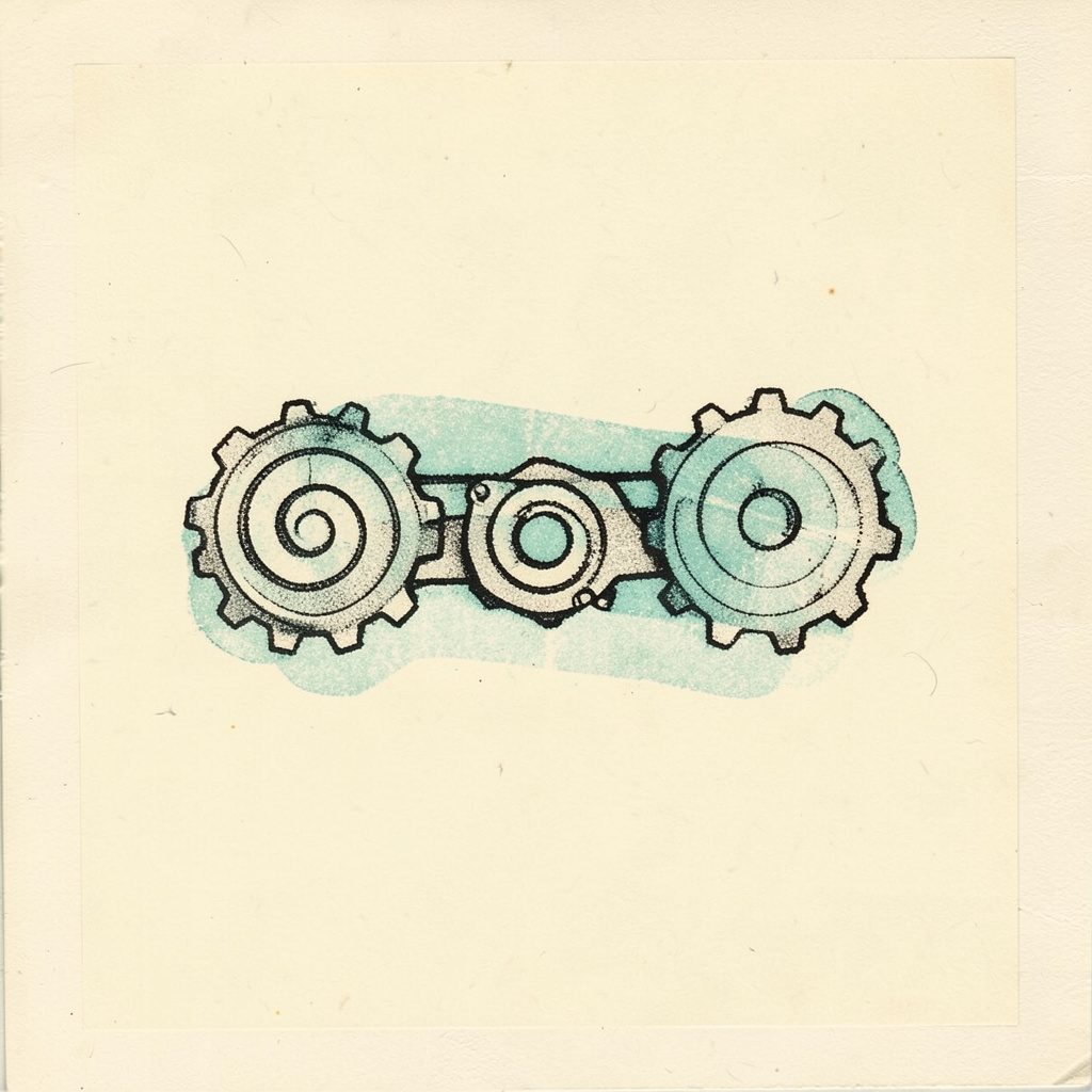 Two-ink risograph print of a chain and gears in black linework with a faded teal shadow, printed on warm cream stock, calm and minimal