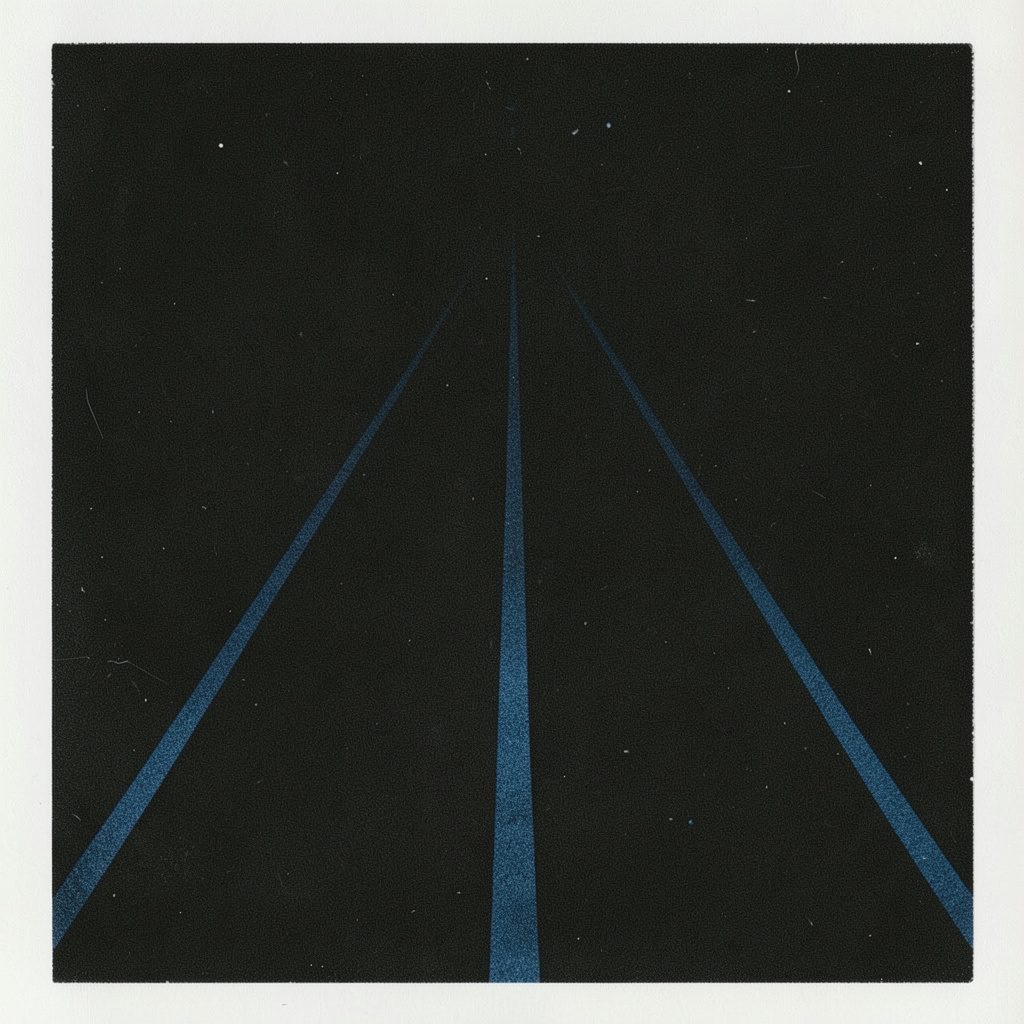Two-ink risograph print of an empty bike lane stretching forward in deep black with a thin blue parallel line, atmospheric and quiet, no text