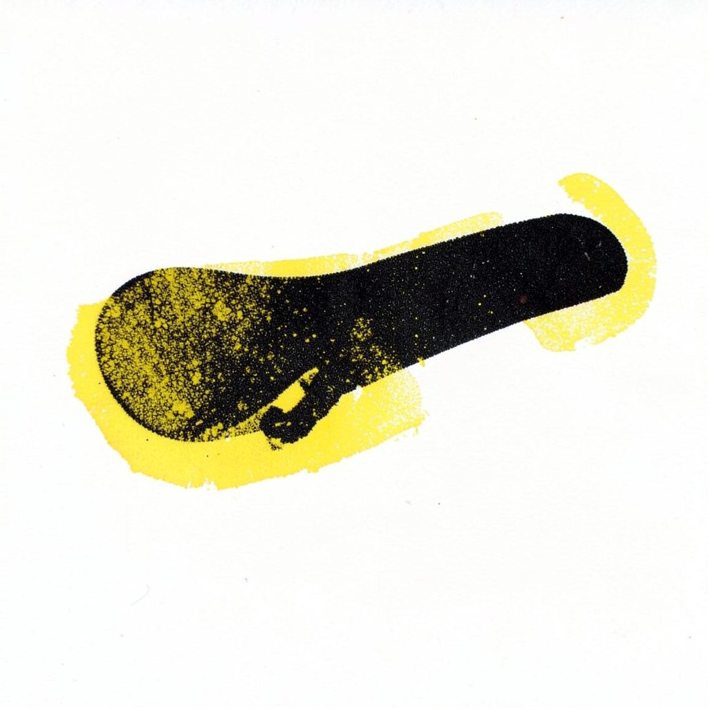 Two-ink risograph print of a bicycle saddle silhouette in solid black with a yellow riso misregistration, flat and graphic, no branding