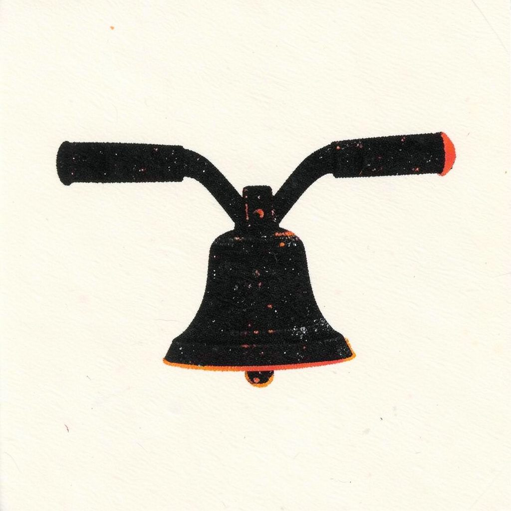 Two-ink risograph print of handlebars and a bell in bold black with a single red-orange accent, soft grain on off-white paper, no text